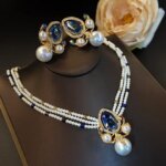 European and American Fashion Trends Versatile Design Pearl Beaded Rhinestone Seal Stud Earrings Necklace Set (New)
