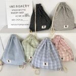 Summer Women Backpack Fashion Drawstring Two Shoulder Bag Teenage Girls Kawaii Backpack Korean Plaid Ultra Light Canvas Backpack (New)