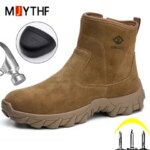 Cowhide Men Work Boots Safety Shoes High-top Side Zipper Safety Boot Anti Scald Welding Shoes Puncture-Proof Security Boots Men (New)
