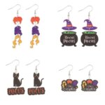 Cute Wooden Hocus Pocus Earrings for Women 2026 New Cartoon Witch Book and Black Cat Halloween Earrings Jewelry Wholesale (New)