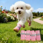 4pcs/set Pet Pink Waterproof Dog Shoes Reflective Wear Resistant Puppy Booty Anti-slip Pet Teddy Rainshoes Outdoor Dog Supply (New)