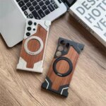 Samsung Galaxy S26 S25 S24 S23 Ultra Walnut Wood Metal Borderless Armor Case 360Â° Rotating Magnetic Bracket Shockproof Cover (New)