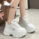 Women 8cm Chunky Heel Platform Wedge Shoes Lace Up Classic Ladies Sneaker Solid Color White Casual Shoes Breathable Student Shoe (New)