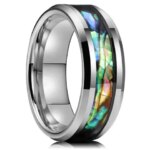 Fashion 8mm Men Silver Color Stainless Steel Rings Inlay Rainbow Abalone Shell Rings For Men Women Wedding Band Jewelry Gifts (New)