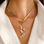 Imitation Pearl Tassel Flat Snake Bone Necklace For Women Fashionable Personalized Daily Accessory Party Jewelry Birthday Gifts (New)