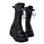 Spring Autumn Black Women Wedge Boots Platform Boots Knee High Motorcycle Boots Black Closed Toe Lace Up Long Boots Large size (New)