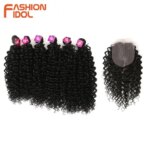 FASHION IDOL 16 18 20inch 240g/7pcs Afro Kinky Curly Hair Synthetic With Closure Ombre Color Kinky Curly Bundles Hair Extensions (New)