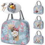 Lunch Box Thermal Bag Cute Sweet Trendy Tote Food Storage Bag Organizer Kids Blue Flamingo Printing Gold Letter Series (New)