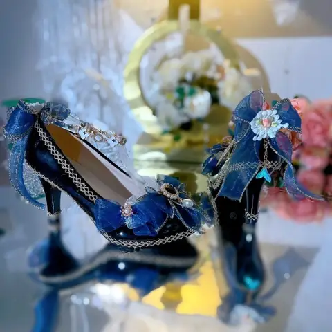 S6a572fc78ea342a8bd3569c7f8e7bb9eI_480x480q75 Original Handmade Versatile Lolita Shoes Stylish 18 Year Old Adult Gift High Heels Cute Girl Loli 8cm Heels Blue Bow Pumps (New) - Image 1