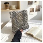 Hollow Out Design Pearl Beaded Tote Bag No Zipper with Inner Bag Shoulder Bag Glittering Crystals Medium Capacity Square Handbag (New)