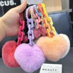 Real Fur Rex Rabbit Fur Key Chain Cute Stuffed Heart-Shaped Keychain Bag Charms Korean Car Keychain Decoration Accessories Gifts (New)