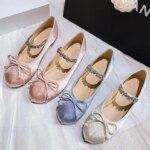 Elastic Rhinestone Band Mary Janes Woman Bowtie Silk Ballets Shoes Ladies Round Toe Flats Female Loafers Wedding Brides Shoes (New)
