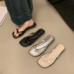 2025 Ladies Flat Sandals Summer New Fashion Square Head Open Toe Womens Clip Toe Casual Comfortable Black Indoor Slippers Women (New)
