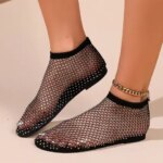 Womens Flats Round Toe Mesh Ankle Booties Slip on Rhinestone Studded Fishnet Sandals Summer Fashion Party Sheer See Through (New)