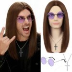 Synthetic Long Brown|Black Straight 80s Heavy Metal Rocker Wig for Men Including Cross Necklace and Glasses Ozzy Osbourne Wig (New)