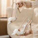 2026 New White Wedding Shoes Pointed Head Shallow Mouth Flowers High Heels Summer Fashion Women Sandals (New)