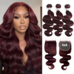 99J Burgundy Body Wave Human Hair Bundles With Closure 4x4 Transparent Swiss Lace 100% Human Hair Extensions For Women 13x4 13x6 (New)