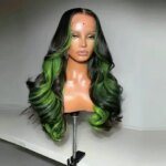 13X6 Lace Front Wig Highlights Black with Green Long Wavy Glueless Synthetic Lace Frontal Womens Wig 200% Density Glueless Wig (New)