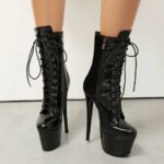Women Black Patent Leather Ultra High Heel Platform Ankle Boots Sexy Lace-Up Stiletto Clubwear Booties (New)