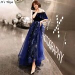 Its Yiiya Customized Evening Dress Navy Blue V-neck A-Line Ruffles Short Sleeves Floor-Length Plus size Woman Formal Party Gown (New)