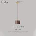 Japanese Wabi-sabi Bedside Pendant Lamp Iron Walnut Wood Hanging Light Grain Restaurant Bar Balcony Aisle Home Decoration Lamps (New)