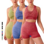2PCS Seamless Women Yoga Set Workout Sportswear Gym Clothing Fitness Long Sleeve Crop Top High Waist Leggings Sports Suits (New)