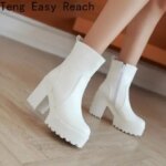 2025 Women Ankle Boots Square High Heel Lace Up Round Head Women Platform Black White Ladies Motorcycle Boots Size 34-43 (New)