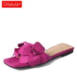 Dilalula 2025 Genuine Leather Slippers Ladies Sweet Flower Flat Heel Mules Summer Vacation Flats Women Comfort Casual Slides (New)