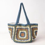Granny Square Straw Shoulder Bag Boho Ethnic Contrast Color Crochet Women Tote Bag Roomy Summer Beach Vacation Handwoven Handbag (New)