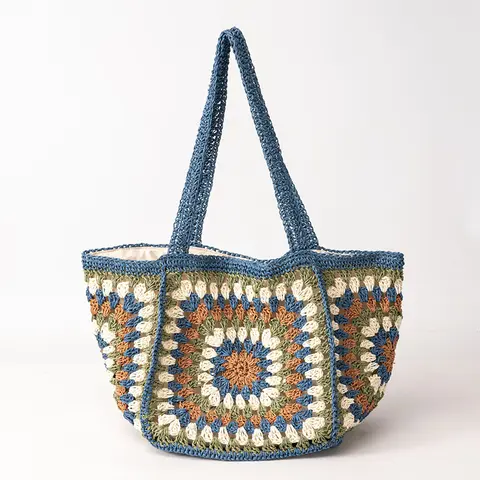 S8d853fdf9c774a159bdf03eeca27922bG_480x480q75 Granny Square Straw Shoulder Bag Boho Ethnic Contrast Color Crochet Women Tote Bag Roomy Summer Beach Vacation Handwoven Handbag (New) - Image 1