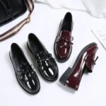 Womens Shoes Patent Leather Women Loafers British Tassel Casual Female Flat Shoes Bowknot Small Leather Shoe Comfortable Zapatos (New)
