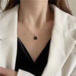 Retro Gold Color Stainless Steel Geometry Square Black Enamel Pendant Necklace for Women Charm Collar Jewelry Colorfast Gift (New)