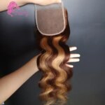 5x5 P427 Highlight Body Wave Human Hair Lace Closure 150% Density 10-22 Inch Pre-Plucked Brazilian Virgin Hair Full End (New)