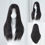 PARK YUN Dark Brown Long Straight Black Wig For Women Layered Curtain Bangs Wig Synthetic Heat Resistant Fiber Wig (New)