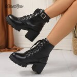 British Style 2025 New Round Head Chunky Heel Ankle Bootie Womens Boots Black Lace Up Shoes Botines Para Mujeres Size 35-42 (New)