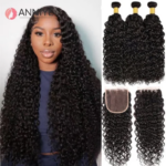 Brazilian Kinky Curly Bundles With Closure 4x4 Lace Closure With Bundles Remy Human Hair Extensions Natural Color Hair 12A (New)