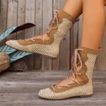Woven Strappy Sandals Mid-calf Womens Flat Round Toe Summer Sandals Plus Size Womens Boots Lace-up Openwork Womens Shoes (New)