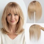 Ombre Light Blonde Real Human Hair Toppers with Swiss Lace Base Hair 3D Air Bangs 10inch Human Hair Topper for Women Hair Loss (New)