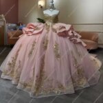 Customized Golden Lace Appliqued Vestido De 15 Quinceañera Pink Ball Gown Quinceanera Dresses With Bow Girls Birthday Party (New)