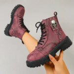 Women Punk Ankle Boots Lace Up Metal Decoration Shoes Platform Casual Outdoor Shoes Women Buckle Designer Motorcycle Boots Women (New)
