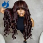 Amethyst Dark Burgundy Red Body Wave Bang Wig Human Hair for Women Brazilian Scalp Top Full Machine Made Wig Remy Hair 99J Color (New)