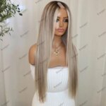 Silky Straight Icy Blonde Balayage Human Hair V Part Wigs Brazilian Virgin Hair 1x4 Inch Opening Adjustable Wig Cap with Clips (New)