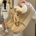 Platform Lace-Up Plush Cotton Shoes Womens Winter Outdoor Faux Fur Lined Thickened Anti-Slip Low Top Snow Boots Casual Sneakers (New)
