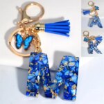 Exquisite Blue Glazed Stone A to Z Resin Keychain 26 Initials Butterfly Tassel Pendant Keyring for Women Men Car Key Holder Gift (New)