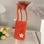 Sweet Flower Weaving Crossbody Bag Hollow Square Crochet Phone Bag Solid Color Handmade Knitted Messenger Bag Outdoor (New)