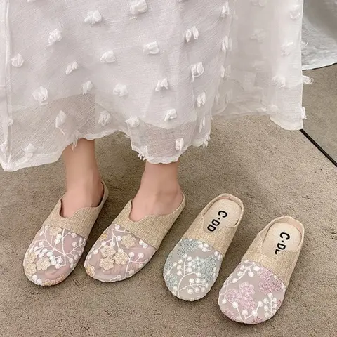 Sb6c157cf369d4d14a0189693244b3906l_480x480q75 Breathable Mesh Linen Slippers For Women Summer Flat Shoes Anti-slip Female Indoor Outdoor Slides Office Lady Walking Sandals (New) - Image 1