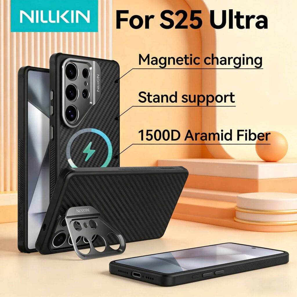 Nillkin For Magsafe Samsung Galaxy S25 Ultra Aramid Fiber Case With Fold Kickstand For Samsung S25 Ultra Magnetic Phone Case