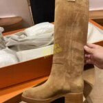 Suede Block Heel Knee High Boots Round Toe Slip On Fashion 2026 Winter Autumn Women Dress Shoes Chunky Heel Brown Flock Handmade (New)