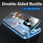 360 Full Protection Metal Magnetic Double Sided Glass Snap Lock Case iPhone 17 16 15 14 12 13 Pro Max Lens Protection Cover (New)