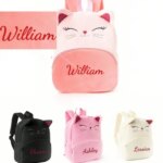 Customized Embroidered Text Cat Backpack Plush School Bag For Kids Toddler Girls Boys Cute Cartoon Kitten Bag Children Day Gift (New)